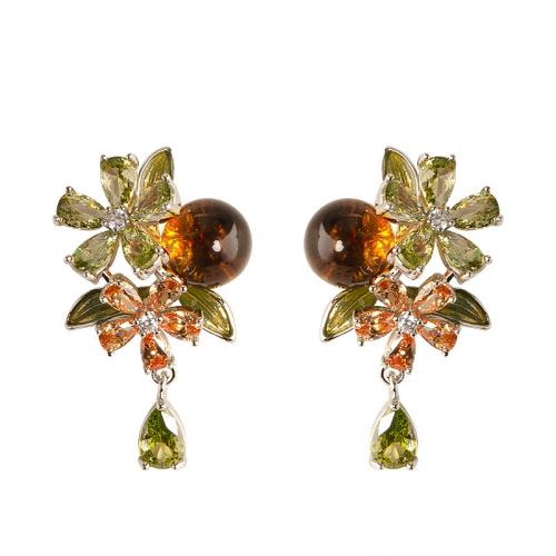 Boucles d'oreilles pendantes en laiton, fleur, Placage, bijoux de mode & avec strass, plus de couleurs à choisir, protéger l'environnement, sans nickel, plomb et cadmium, 18x28mm, Vendu par paire