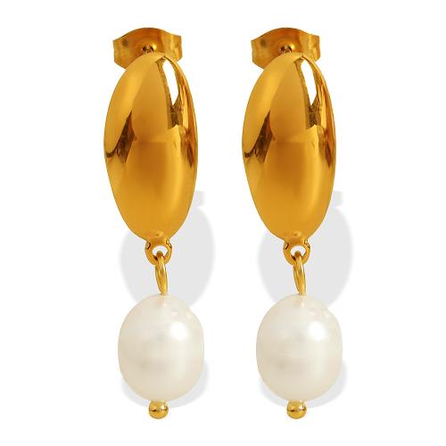 Stainless Steel Stud Earrings, 304 Stainless Steel, with Freshwater Pearl, 18K gold plated, fashion jewelry & for woman, Sold By Pair