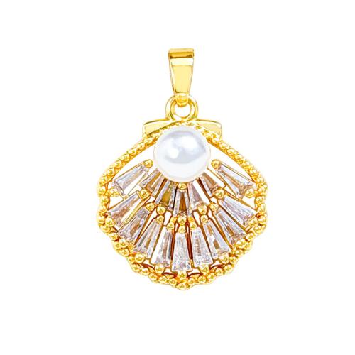 Cubic Zirconia Brass Pendants, with Plastic Pearl, Shell, real gold plated, DIY & micro pave cubic zirconia & hollow, Sold By PC