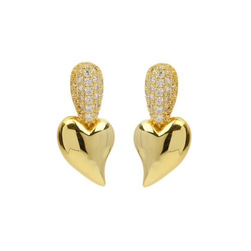 Boucles d'oreilles en laiton zircon cubique pavent, coeur, Plaqué or 18K, bijoux de mode & pavé de micro zircon & pour femme, Vendu par paire