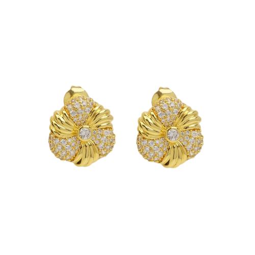 Boucles d'oreilles en laiton zircon cubique pavent, fleur, Plaqué or 18K, bijoux de mode & pavé de micro zircon & pour femme, Vendu par paire