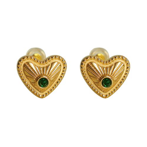 Stainless Steel Stud Earrings, 304 Stainless Steel, Heart, 18K gold plated, fashion jewelry & for woman & with rhinestone, more colors for choice, 13x11mm, Sold By Pair