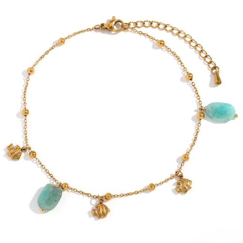 Anklet de acero inoxidable, acero inoxidable 304, con Amazonita, 18K chapado en oro, Joyería & para mujer, Vendido por UD