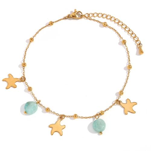 Stainless Steel Anklet, 304 Stainless Steel, with ​Amazonite​, 18K gold plated, fashion jewelry & for woman, Sold By Pair