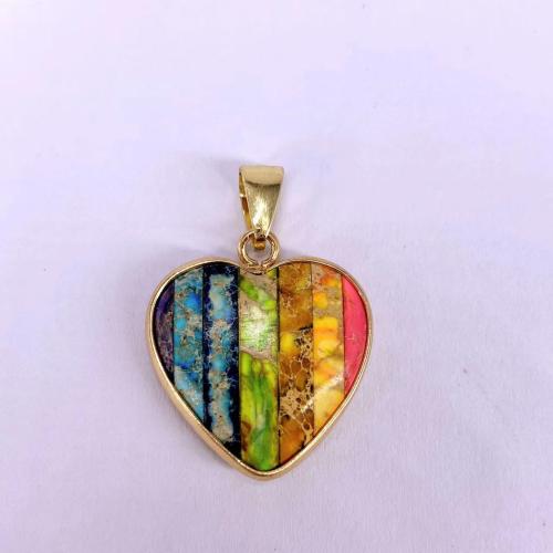 Pendentifs jaspe impérial, Jaspe d'impression, avec laiton, coeur, Placage de couleur d'or, DIY, multicolore, 22x24mm, Vendu par PC