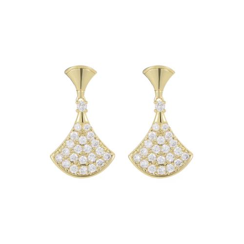 Boucles d'oreilles en laiton zircon cubique pavent, Placage de couleur d'or, bijoux de mode & pavé de micro zircon, doré, protéger l'environnement, sans nickel, plomb et cadmium, 25x15mm, Vendu par paire