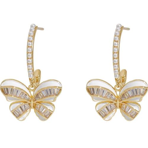 Cubic Zirconia Micro Pave Brass Earring, with Plastic Pearl, Butterfly, gold color plated, fashion jewelry & micro pave cubic zirconia, golden, nickel, lead & cadmium free, 27x18mm, Sold By Pair