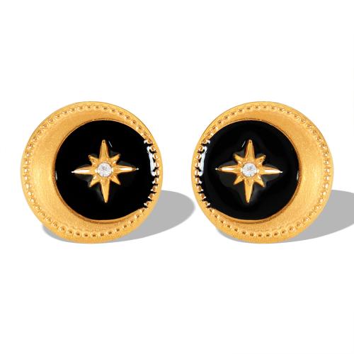 Boucle d'oreille de gaujon en acier inoxydable, Acier inoxydable 304, Rond, Placage de couleur d'or, pour femme & émail & avec strass, Vendu par paire