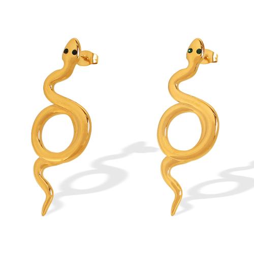 Stainless Steel Stud Earrings, 304 Stainless Steel, Snake, 18K gold plated, for woman & with rhinestone & hollow, more colors for choice, Sold By Pair