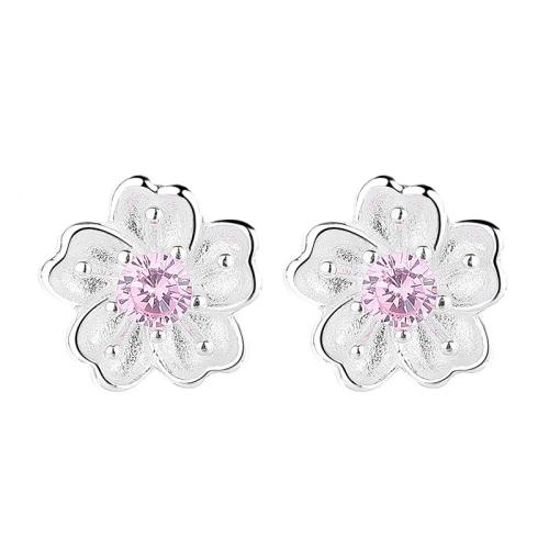 925 Sterling Silver Stud Earring, Flower, micro pave cubic zirconia & for woman, silver color, 9mm, Sold By Pair