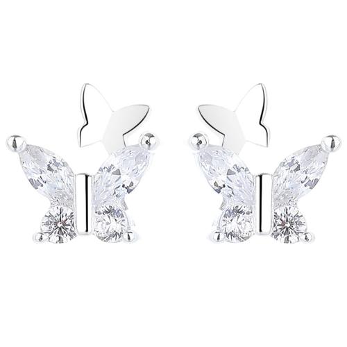 925 Sterling Silver Stud Earring, Butterfly, micro pave cubic zirconia & for woman, silver color, 7.70x7.80mm, Sold By Pair