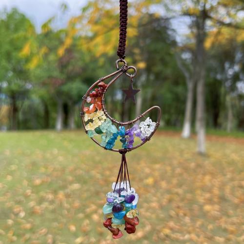 Hanging Ornaments, Natural Gravel, with Knot Cord & Brass, Moon, antique copper color plated, for home and office, more colors for choice, 65x67mm, Length:Approx 180 mm, Sold By PC