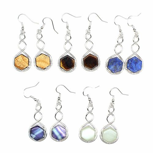 Natural Gemstone Earrings, Natural Stone, with Brass & Tibetan Style, fashion jewelry & different materials for choice, more colors for choice, 53x17x6mm, Sold By Pair