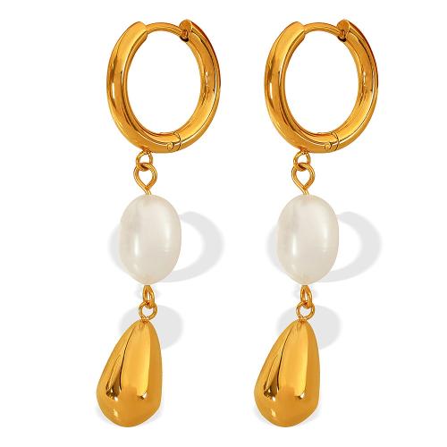 Acier inoxydable Levier Retour Earring, Acier inoxydable 304, avec perle d'eau douce cultivée, Plaqué or 18K, bijoux de mode & pour femme, Vendu par paire