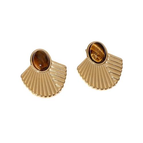 Boucle d'oreille de gaujon en acier inoxydable, Acier inoxydable 304, avec oeil de tigre, éventail, Placage de couleur d'or, bijoux de mode & différents matériaux pour le choix & pour femme, Vendu par paire