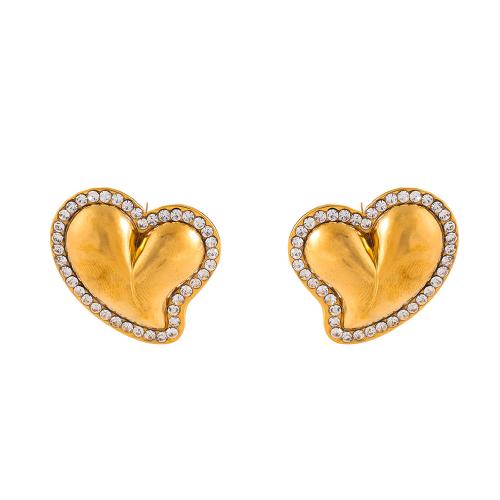 Stainless Steel Stud Earrings, 304 Stainless Steel, Heart, plated, fashion jewelry & for woman & with rhinestone, golden, Sold By Pair