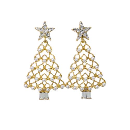 Pendientes de Navidad, aleación de zinc, con Perlas plásticas, Árbol de Navidad, chapado, para mujer & con diamantes de imitación & hueco, dorado, Vendido por Par