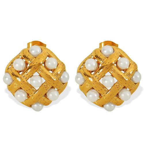 Stainless Steel Stud Earrings, 304 Stainless Steel, with Plastic Pearl, Square, plated, fashion jewelry & for woman & hollow, golden, Sold By Pair