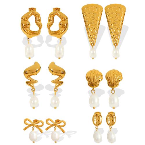 Pendientes de Acero Inoxidable, acero inoxidable 304, con Perlas cultivadas de agua dulce, 18K chapado en oro, Joyería & diferentes estilos para la opción & para mujer, Vendido por Par