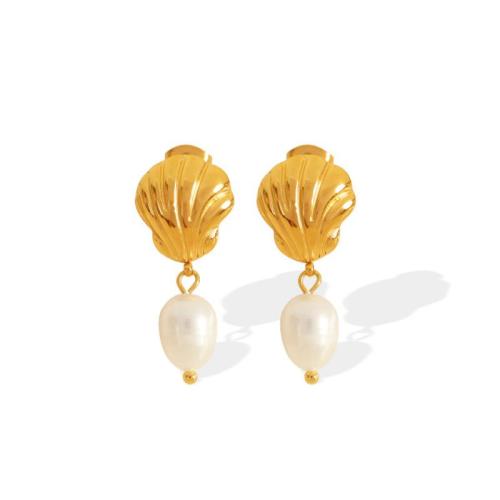 Stainless Steel Stud Earrings, 304 Stainless Steel, with Plastic Pearl, 18K gold plated, fashion jewelry & for woman, Sold By Pair