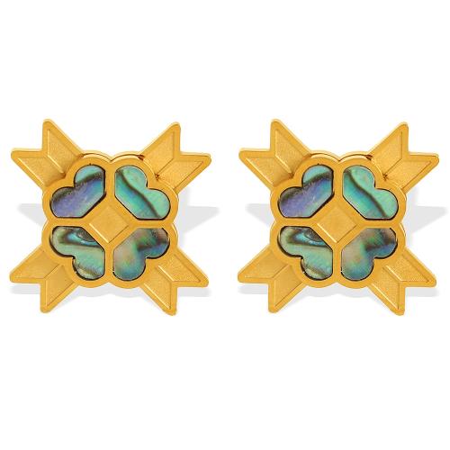 Stainless Steel Stud Earrings, 304 Stainless Steel, with Abalone Shell, plated, fashion jewelry & for woman, golden, Sold By Pair