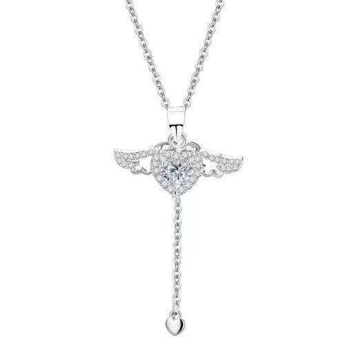 925 Sterling Silver Necklace, with 2inch extender chain, Winged Heart, cross chain & for woman & with rhinestone, more colors for choice, Length:Approx 15.7 Inch, Sold By PC