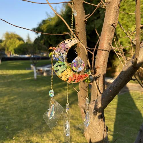 Wind Chimes Outdoor und Heimtextilien, Messing, mit Natürlicher Kies & Glas, Mond, goldfarben plattiert, für Zuhause und Büro, keine, 85x100mm, Länge:ca. 45 Millimeter, verkauft von PC