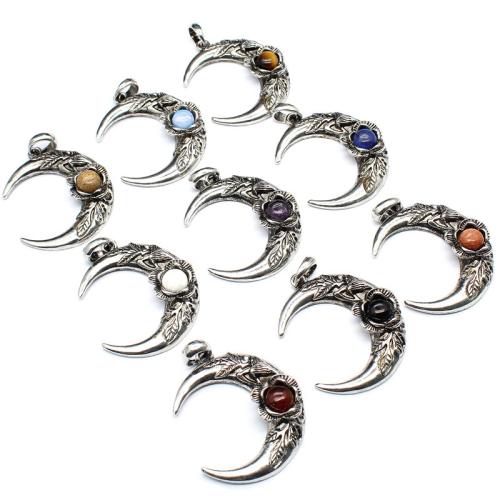 Gemstone Pendants Jewelry, Tibetan Style, with Natural Stone & Brass, Moon, silver color plated, DIY & different materials for choice, more colors for choice, nickel, lead & cadmium free, 44x37mm, Sold By PC