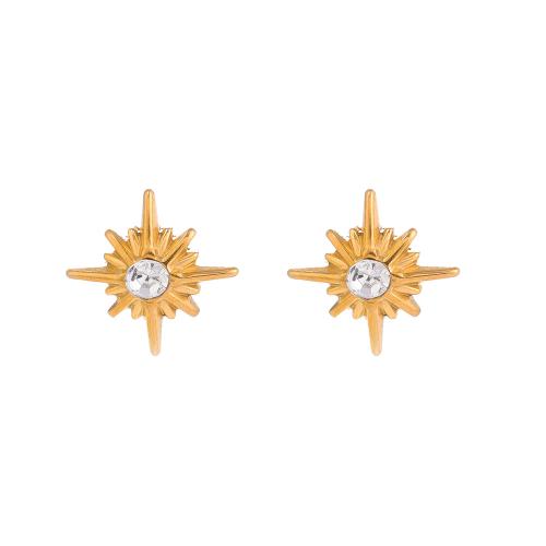 Stainless Steel Stud Earrings, 304 Stainless Steel, Flower, plated, fashion jewelry & for woman & with rhinestone, golden, Sold By Pair