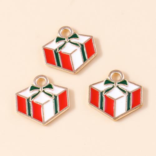 Pendentifs Noël en alliage de zinc, En forme de boîte de cadeau, Placage, Conception de Noël & DIY & émail, 10PC/sac, Vendu par sac