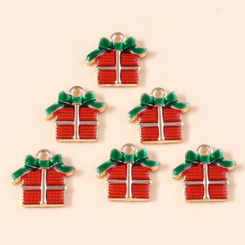 Pendentifs Noël en alliage de zinc, En forme de boîte de cadeau, Placage, Conception de Noël & DIY & émail, 10PC/sac, Vendu par sac