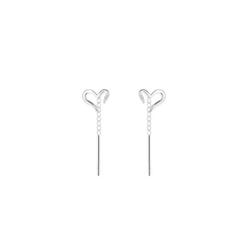 925 Sterling Silver Thread Through Earrings, Heart, for woman & hollow, silver color, 25mm, Sold By Pair