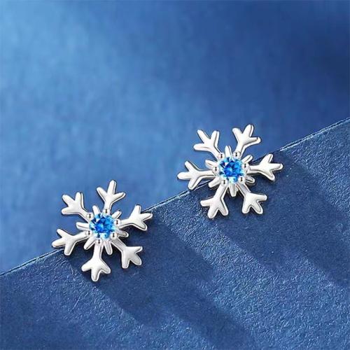 925 Sterling Silver Stud Earring, Snowflake, platinum plated, different size for choice & for woman & with rhinestone, Sold By Pair