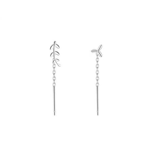 925 Sterling Silver Asymmetric Thread Through Earrings, Leaf, fashion jewelry & for woman, silver color, 25mm, Sold By Pair