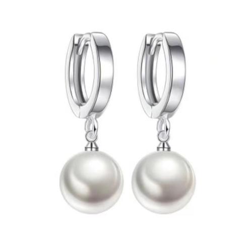 925 Sterling Silver Huggie Hoop Drop Earring, with Plastic Pearl, platinum plated, fashion jewelry & for woman, 10x25mm, Sold By Pair