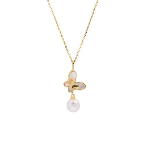 925 Sterling Silver Necklace, with White Shell & Plastic Pearl, with 2inch extender chain, Butterfly, gold color plated, cross chain & for woman, Length:Approx 15.7 Inch, Sold By PC