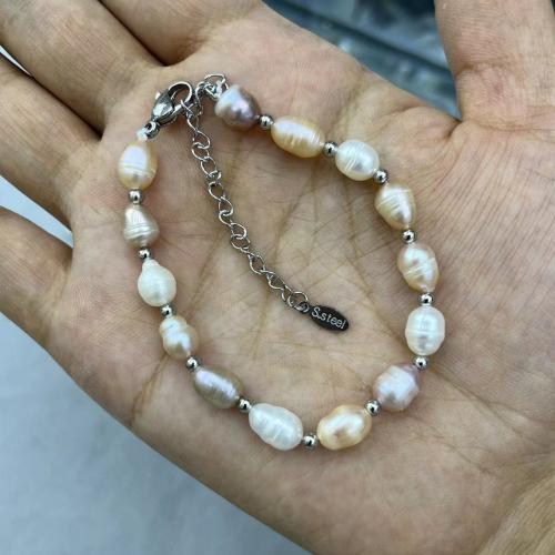 Freshwater Cultured Pearl Bracelet, Freshwater Pearl, with 304 Stainless Steel, Rice, fashion jewelry & for woman, more colors for choice, about:6-7mm, Length:Approx 21 cm, Sold By PC