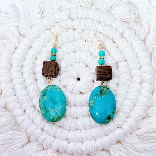 Boucle d'oreille turquoise, avec bois, pour femme, 25x18mm, Vendu par paire