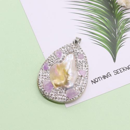 Shell Pendants, with Amethyst, Teardrop, silver color plated, DIY & with rhinestone, Sizeuff1a35-50mm, Sold By PC