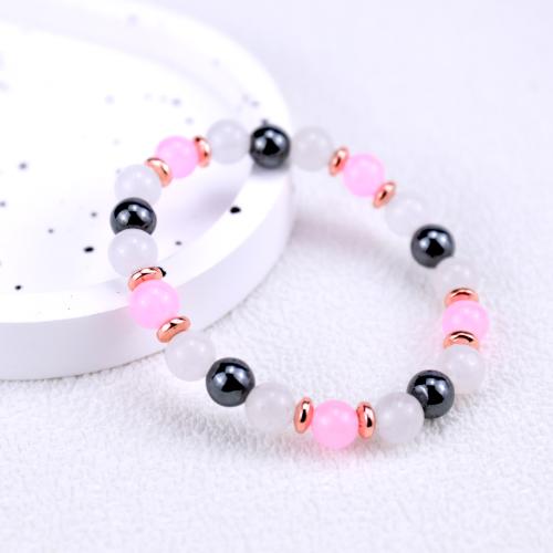 Gemstone Bracelets, Rose Quartz, with Hematite, Round, silver color plated, for woman, pink, Length:12 cm, Sold By PC