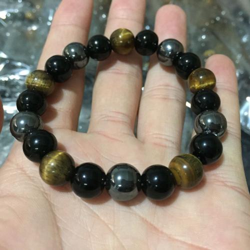 Gemstone Bracelets, Tiger Eye, with Crystal Thread & Cats Eye & Hematite, Round, for woman, black, Length:19 cm, Sold By PC