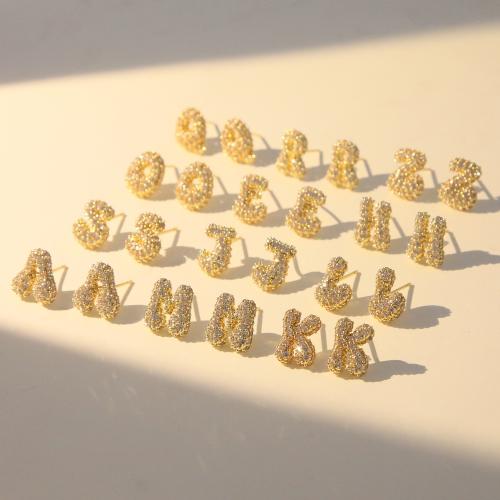 Boucles d'oreilles en laiton zircon cubique pavent, Lettre d’alphabet, Plaqué or 18K, styles différents pour le choix & pavé de micro zircon & pour femme, Vendu par paire