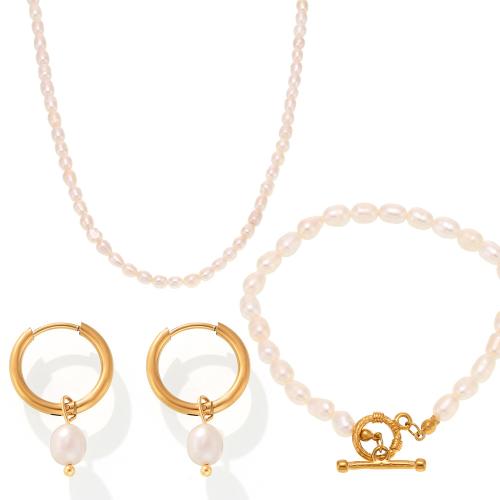 Natural Cultured Freshwater Pearl Jewelry Sets, 304 Stainless Steel, with Freshwater Pearl, plated, fashion jewelry & different styles for choice & for woman, golden, Sold By PC