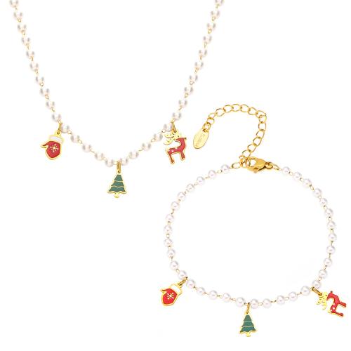 Ensemble de bijoux émaillés en acier inoxydable, Acier inoxydable 304, avec perle de plastique, Placage, Conception de Noël & styles différents pour le choix & pour femme, doré, Vendu par PC