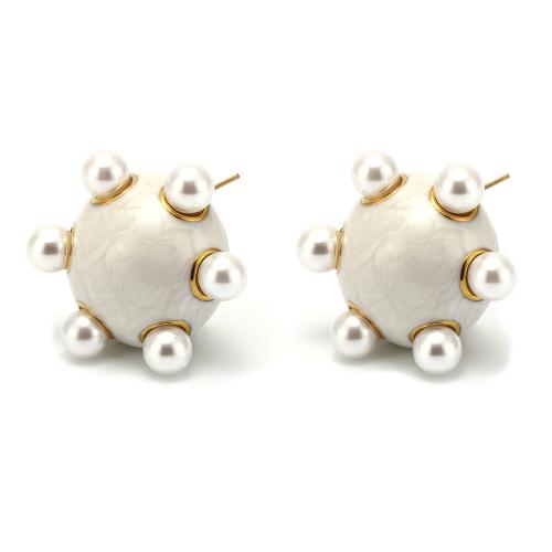 Stainless Steel Stud Earrings, 304 Stainless Steel, with Shell Pearl, gold color plated, fashion jewelry & for woman & enamel, more colors for choice, Sold By Pair