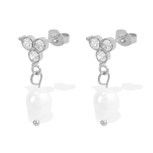 Pendientes de Perlas de Freshwater, acero inoxidable 304, con Perlas cultivadas de agua dulce, chapado, Joyería & para mujer & con diamantes de imitación, plateado, Vendido por Par