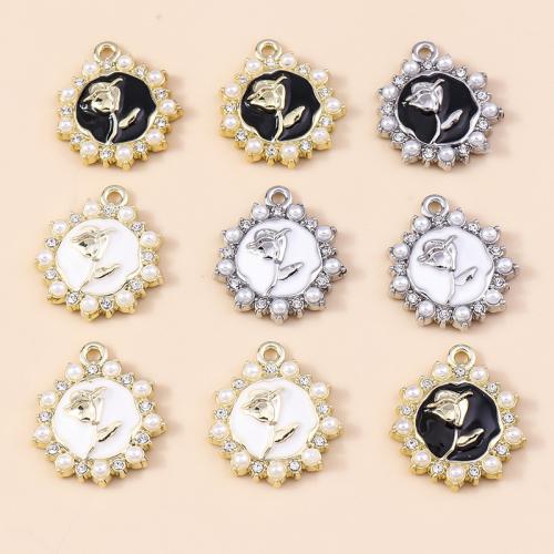 Tibetan Style Enamel Pendants, with Plastic Pearl, Rose, plated, DIY & with rhinestone, more colors for choice, 4PCs/Bag, Sold By Bag