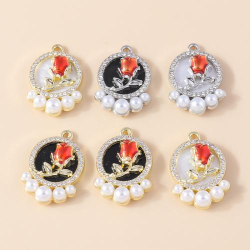 Tibetan Style Enamel Pendants, with Plastic Pearl, Rose, plated, DIY & with rhinestone, more colors for choice, 4PCs/Bag, Sold By Bag