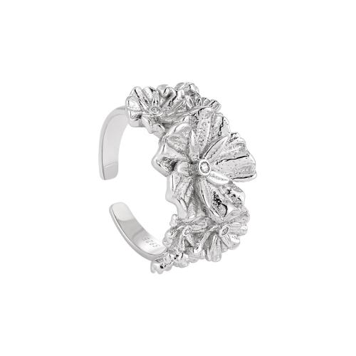 Argent sterling 925 Cuff Bague, fleur, Plaqué de platine, pavé de micro zircon & pour femme, Taille:7.5, Vendu par PC