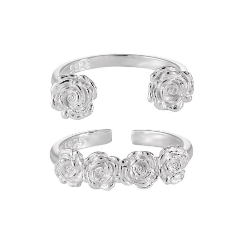 925 Sterling Silver Cuff Finger Ring, Flower, different styles for choice & for woman, silver color, US Ring Size:6.5, Sold By PC